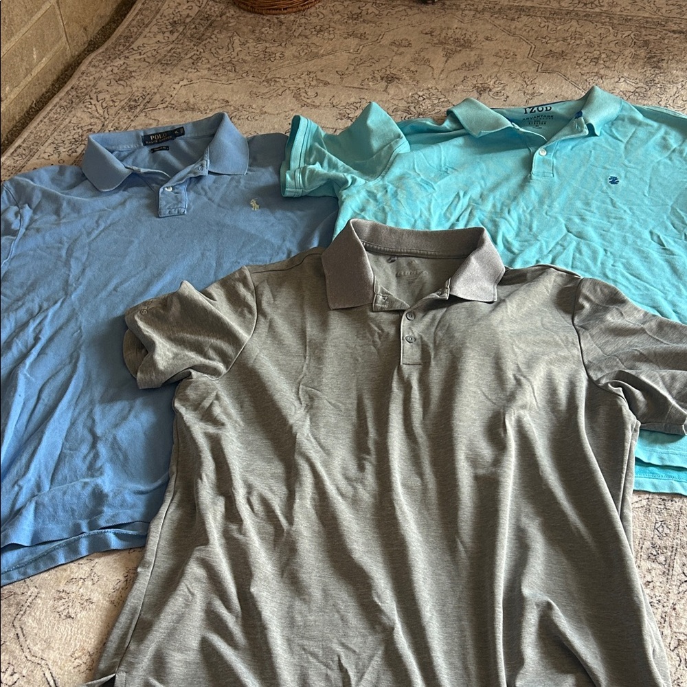 3 assorted brand men's polo shirts. Ralph Lauren polo, izod and adidas all xl